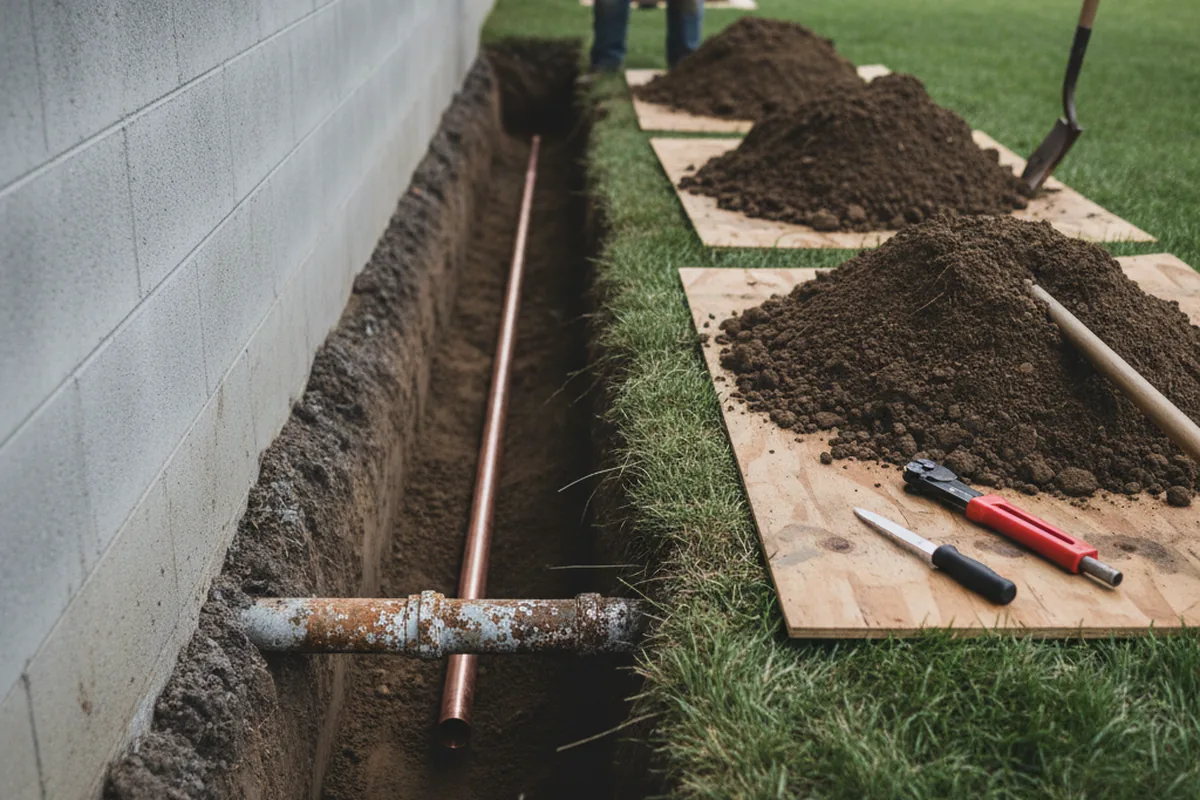 Excavated water line trench during Water Softener Installation in Kenney